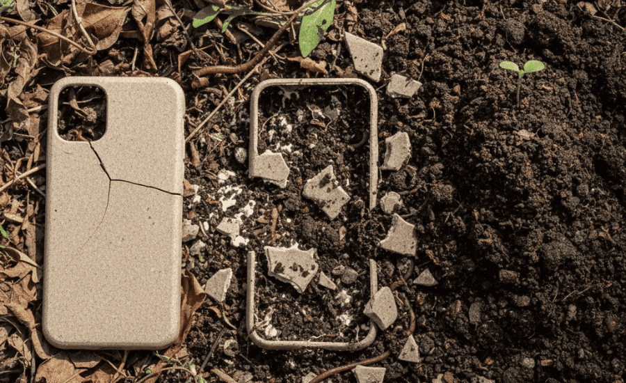A phone case breaking down in compost stages