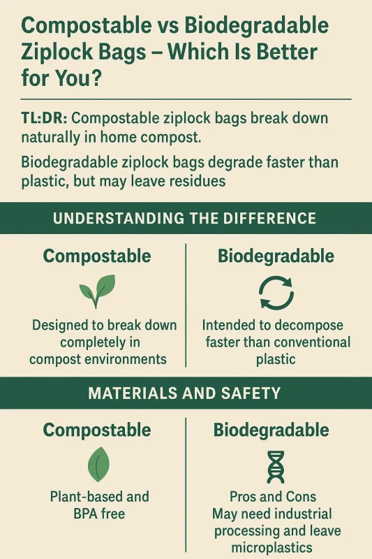 Compostable vs Biodegradable Ziplock Bags Infographic